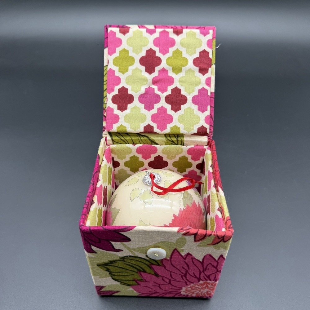 Vera Bradley Hello Dahlia Christmas Ornament 2010 Floral Glass Ball Fabric Box